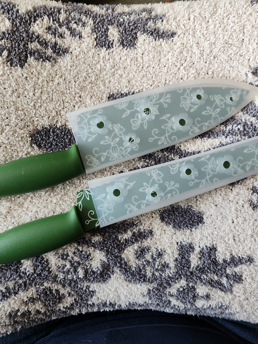 Green Handled Kitchen Knife Set with Decorative Floral Sheaths